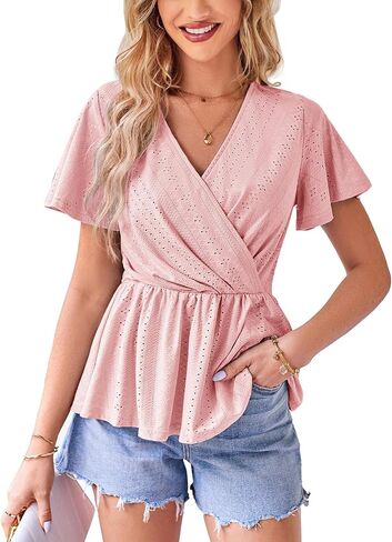 GRACE KARIN 2024 Womens Summer Tops Wrap V Neck Eyelet Top Ruffle Sleeve Peplum Casual T Shirts in Saudi Arabia