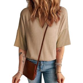 Dokotoo Womens Summer Tops Fashion 2025 Half Sleeve Waffle Knit Shirts Casual V Neck Colorblock Patchwork Blouses in Kuwait