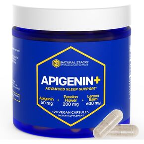 NATURAL STACKS APIGENIN+ 50 ملغ - مكمل مستخلص زهرة العاطفة لتخفيف التوتر - مكمل أبيجينين للنوم - مكمل غذائي للاسترخاء والنوم والمزاج الهادئ، 120 كبسولة نباتية