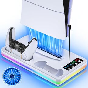 PS5/PS5 Slim Stand and Cooling Station with Controller Charging Station for Playstation 5 Slim&Standard Disc/Digital Console, 10 RGB Light PS5 Cooler Accessories Incl 3 Levels Cooling Fan/USB Hub