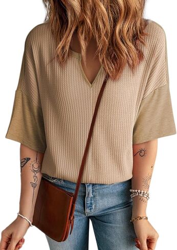 Dokotoo Womens Summer Tops Fashion 2025 Half Sleeve Waffle Knit Shirts Casual V Neck Colorblock Patchwork Blouses in Kuwait