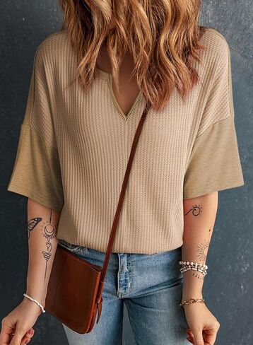 Dokotoo Womens Summer Tops Fashion 2025 Half Sleeve Waffle Knit Shirts Casual V Neck Colorblock Patchwork Blouses in Kuwait