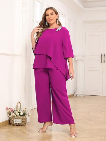 AOVDE Plus Size Pant Suits Mother of Bride Dressy Pant Suits 2 Piece Outfits with Pockets for Women Wedding Guest in Kuwait