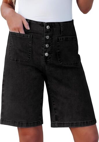 Luvamia شورت برمودا للنساء جان عالية الخصر العصرية التصحيح جيوب الصيف عادية زر يطير بسط الدينيم السراويل in Kuwait