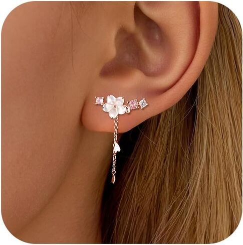 925 Sterling Silver CZ Flowers Ear Cuffs Hoop Climber Earring for Women, Rose Gold Cartilage Earrings with CZ Piercing Dainty Tassel Ear Crawler Earrings Christmas Valentine's Day Jewelry Gift in Kuwait