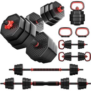 KeppiFitness Adjustable Dumbbell Set, 30/50/70/90 lb Free Weight Set with Connector Bar, 4 in 1 Workout Gear with Dumbbell, Kettlebell, Barbell, Push up Handle for Home Gym Fitness Exercise