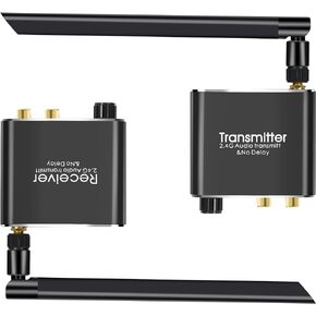 2.4G Wireless Audio Transmitter Receiver, RCA(3.5mm) Out input/164ft Long Range No Latency/HD Audio/Two-Way Volume Control, Wireless Adapter Kit for TV