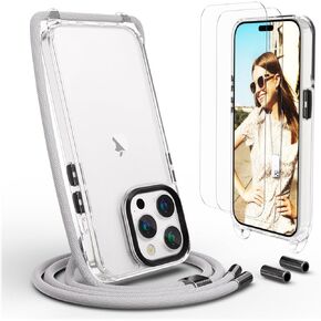 UYMO Crossbody Case for iPhone 15 Pro Max, Crossbody Cover with Neck Cord Strap,Transparent Clear PC TPU Lanyard Case with 2 Tempered Glass Screen Protector,Black