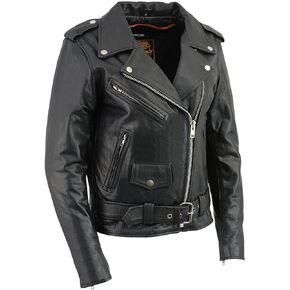 Milwaukee Leather LKL2701 Women's Classic Black Premium Leather Motorcycle Rider Jacket with Built-In Belt