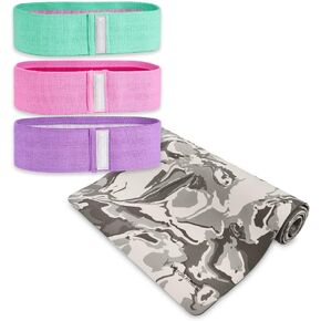 Hip/Booty Band 3-Pack - 3 Different Resistance Levels with Single 30-inch Shared Size + Gray Camouflage Lightweight and Durable Yoga/Exercise Mat