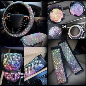 15 Pcs Bling Car Accessories Set, Include Rhinestone Steering Wheel Cover Center Console Cover Crystal Handbrake Cover Glitter Car Gear Cover 3 Car Sticker Ring Emblem 4 Bling Valve Stem Cap 2 Holder