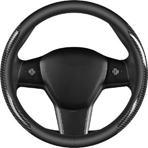 Nappa Leather car Steering Wheel Cover,Carbon Fiber Sports car Interior Non-Slip Ultrathin 15 inches Universal (Black)