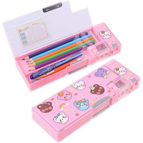 Pop Up Multifunction Pencil Case for Girls and Boys, Cute Cartoon Pen Box Organizer Stationery with Sharpener, Schedule, School Supplies, Best Birthday Gifts for Kids【Pink-Bear】