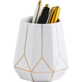 Ceramic Desk Cute Pen Holder Stand Gold Line Pencil Cup Pot Desk Organizer Makeup Brush Holder (White)