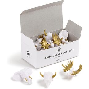 U Brands Gold and White Assorted Animal Head Push Pins Set, Office Supplies, Six Styles, 12 Count