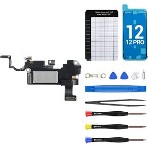 for iPhone 12 Ear Speaker Replacement for iPhone 12 Pro Repair Kit NEW Front Earpiece Module with Proximity Sensor Ambient Light Sensor Part Flex Cable Connector Fix Tool for A2172 A2402 A2403 A2404