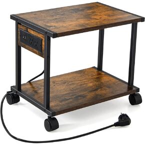 Printer Table with Charging Station for Home Office Organization, 2 Tier Small Printer Stand with Wheels for Printer, Scanner, Under or Beside Desk Printer Storage Cart Rustic Brown