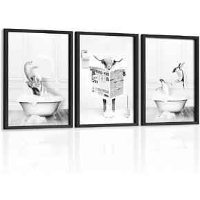 Heiple Framed Bathroom Wall Art Set of 3 Funny Animals - Penguin, Cow, Elephant - Farmhouse Style - Black, 11''x14''