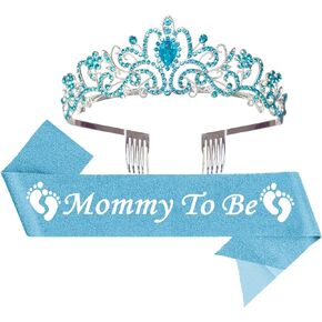 Mom to Be Baby Shower Decorations, Mommy to Be Crown and Sash Mother to Be Sash Baby Shower Boy Mommy to Be Sash and Tiara Set for Boys (Blue), Glitter sash