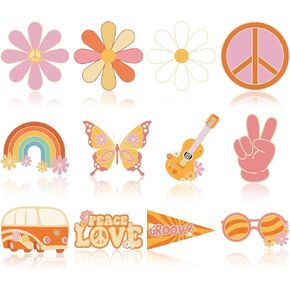 60 Pieces Groovy Retro Hippie Boho Party Cutouts Decoration Retro Rainbow Butterfly Daisy Flower Cutouts Retro Bus Cutouts for Groovy Retro Hippie 60s 70s Party Decorations