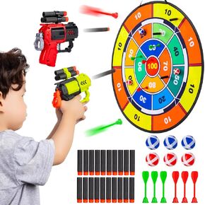 29" Dart Board for Kids - Double Sided Shooting Games with 2 Toy Guns, 6 Sticky Balls and Darts, Indoor Outdoor Party Sport Toys for 3 4 5 6 7 8 Years Old Boys Girls