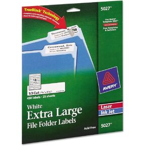 Avery 5027 X-Large File Folder Labels, 1/3 Cut, 15/16 x 3-7/16, White, 450/PK