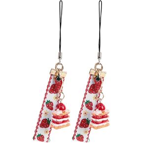 2Pcs Strawberry Phone Charm Keychains Anti- Lost Resin Chain Mobile Phone Hanging Keychain