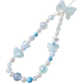 LUVI Beaded Phone Charm Lanyard Wrist Strap Love Heart Bow Beads Butterfly Chain Flower String Pearl Bling Bracelet Keychain Cute Fashion for Women Girls