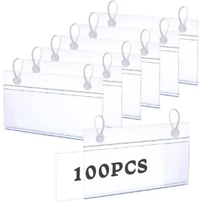 100Pcs Plastic Basket Label Holders, 3.94" x 2.24" Price Sign Wire Shelf Label Holder with 200Pcs Easy Button Design Lock Closure, Wire Basket Label Holders for Basket Market and Home