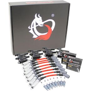 DRAGON FIRE PERFORMANCE Ignition Coils (Round) IRIDIUM Spark Plugs 10mm Plug Wires Compatible Replacement With Chevy 5.3L 6.0L 6.2L 7.0L V8 Replaces 12573190 19206447 UF414 41-162 Oem Fit Kit-1007BLK