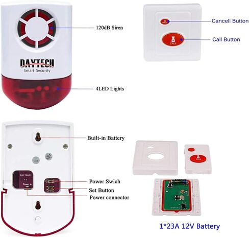 Daytech Panic Alarm Button-Strobe Siren Alarm with Light for Home Caring | 500ft Range, Loud Outdoor SOS Alert System with 2 Red Flashing Siren & 4 Panic Button for Store/Hotel/Jewelry/Shop Security in Kuwait