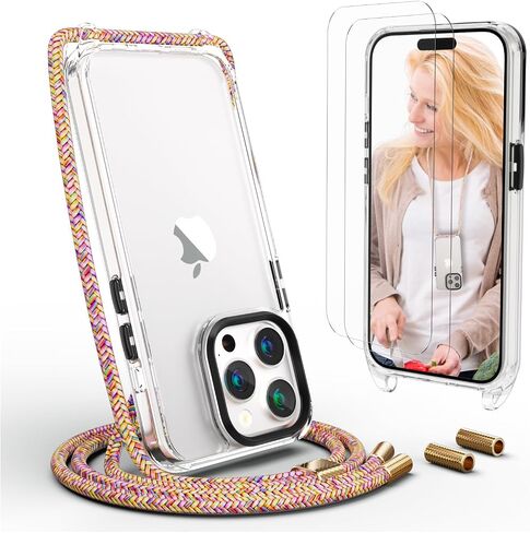حافظة UYMO Crossbody لهاتف iPhone 15 Pro Max، غطاء كروس مع حزام سلك للرقبة، حافظة شفافة شفافة من البولي كربونات TPU مع 2 واقي شاشة من الزجاج المقسى، قوس قزح in Saudi Arabia