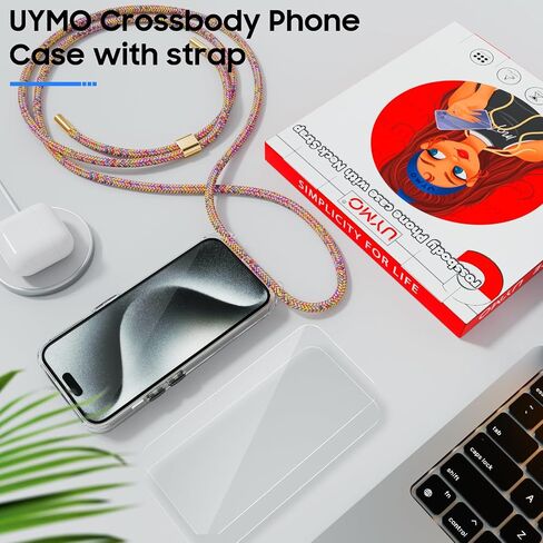 حافظة UYMO Crossbody لهاتف iPhone 15 Pro Max، غطاء كروس مع حزام سلك للرقبة، حافظة شفافة شفافة من البولي كربونات TPU مع 2 واقي شاشة من الزجاج المقسى، قوس قزح in Saudi Arabia