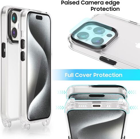 حافظة UYMO Crossbody لهاتف iPhone 15 Pro Max، غطاء كروس مع حزام سلك للرقبة، حافظة شفافة شفافة من البولي كربونات TPU مع 2 واقي شاشة من الزجاج المقسى، قوس قزح in Saudi Arabia