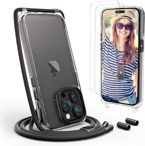حافظة UYMO Crossbody لهاتف iPhone 15 Pro Max، غطاء كروس مع حزام سلك للرقبة، حافظة شفافة شفافة من البولي كربونات TPU مع 2 واقي شاشة من الزجاج المقسى، قوس قزح in Saudi Arabia
