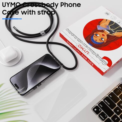 حافظة UYMO Crossbody لهاتف iPhone 15 Pro Max، غطاء كروس مع حزام سلك للرقبة، حافظة شفافة شفافة من البولي كربونات TPU مع 2 واقي شاشة من الزجاج المقسى، قوس قزح in Saudi Arabia