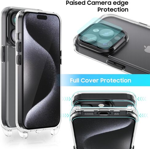 حافظة UYMO Crossbody لهاتف iPhone 15 Pro Max، غطاء كروس مع حزام سلك للرقبة، حافظة شفافة شفافة من البولي كربونات TPU مع 2 واقي شاشة من الزجاج المقسى، قوس قزح in Saudi Arabia