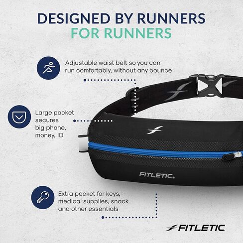 حزام الجري Fitletic Bolt بجيب مزدوج وحزمة فاني النشطة للرجال والنساء - مقاوم للماء، تصميم أنيق خفيف الوزن - حاصل على براءة اختراع لا يرتد على الورك - يحمل أي هاتف in Saudi Arabia