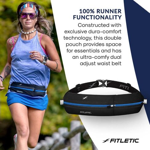 حزام الجري Fitletic Bolt بجيب مزدوج وحزمة فاني النشطة للرجال والنساء - مقاوم للماء، تصميم أنيق خفيف الوزن - حاصل على براءة اختراع لا يرتد على الورك - يحمل أي هاتف in Saudi Arabia