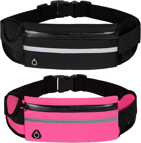 Running Belt Waist Packs,Workout Fanny Pack,Ultra Light Bounce Free Waist Pouch Fitness Workout Belt Sport Waist Pack for Women Men,Adjustable Waistband Bag for All Kinds of Phone (2 Pack-Black+Pink) in Kuwait