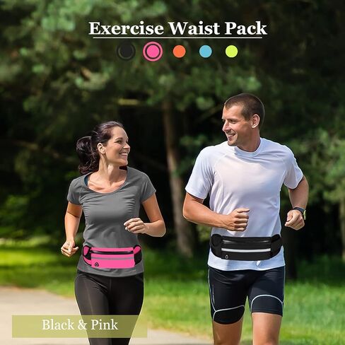 Running Belt Waist Packs,Workout Fanny Pack,Ultra Light Bounce Free Waist Pouch Fitness Workout Belt Sport Waist Pack for Women Men,Adjustable Waistband Bag for All Kinds of Phone (2 Pack-Black+Pink) in Kuwait