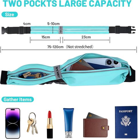حزام الجري للنساء والرجال، حزمة فاني للجري مقاومة للماء مع جيوب مزدوجة، حقيبة خصر قابلة للتعديل خالية من الارتداد تناسب معظم الهواتف المحمولة للرياضة والتمارين الرياضية والركض (أسود) in Kuwait