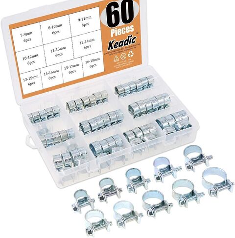 Keadic 60Pcs 10 Sizes Adjustable Zinc Plated Carbon steel Mini Fuel Injection Style Hose Clamp Assortment Kit for Various Diesel Petrol Pipe in Saudi Arabia