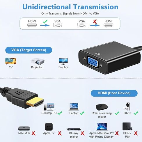 HDMI إلى VGA، 2 حزمة، محول HDMI إلى VGA مطلي بالذهب (ذكر إلى أنثى) للكمبيوتر، سطح المكتب، الكمبيوتر المحمول، الكمبيوتر الشخصي، الشاشة، جهاز العرض، HDTV، Chromebook، Raspberry Pi، Roku، Xbox والمزيد in Kuwait