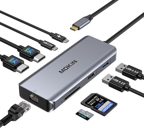 محطة إرساء الكمبيوتر المحمول بشاشة مزدوجة، قاعدة توصيل USB C 9 في 1 مع 2 HDMI 4K، RJ45، 100 واط PD، 5 جيجابت في الثانية USB C/USB A 3.0، USB 2.0، فتحات SD/TF، ​​محور USB C إلى محول HDMI مزدوج لأجهزة Dell/HP/ لينوفو/سيرفس/ماك بوك in Kuwait