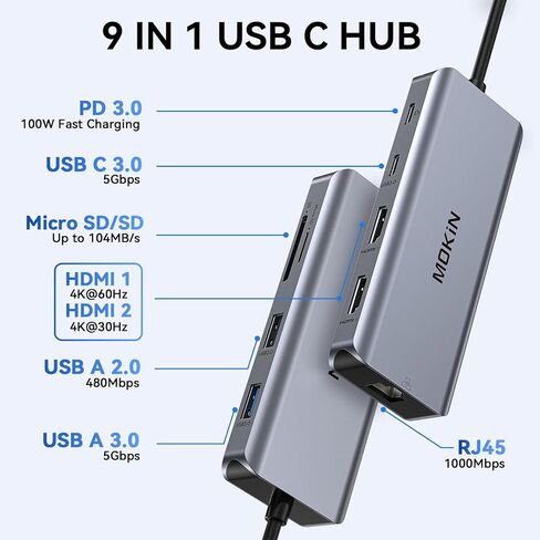 محطة إرساء الكمبيوتر المحمول بشاشة مزدوجة، قاعدة توصيل USB C 9 في 1 مع 2 HDMI 4K، RJ45، 100 واط PD، 5 جيجابت في الثانية USB C/USB A 3.0، USB 2.0، فتحات SD/TF، ​​محور USB C إلى محول HDMI مزدوج لأجهزة Dell/HP/ لينوفو/سيرفس/ماك بوك in Kuwait