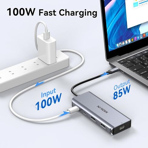 محطة إرساء الكمبيوتر المحمول بشاشة مزدوجة، قاعدة توصيل USB C 9 في 1 مع 2 HDMI 4K، RJ45، 100 واط PD، 5 جيجابت في الثانية USB C/USB A 3.0، USB 2.0، فتحات SD/TF، ​​محور USB C إلى محول HDMI مزدوج لأجهزة Dell/HP/ لينوفو/سيرفس/ماك بوك in Kuwait