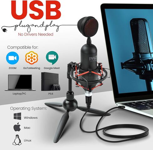 PyleUSA USB Cardioid Condenser Microphone - Audio Mic w/USB Cable, Built-in Pop Filter, Adjustable Desktop Stand - for Gaming PS4, Streaming, Podcasting, Studio, YouTube - PDMIUSB75 in Saudi Arabia