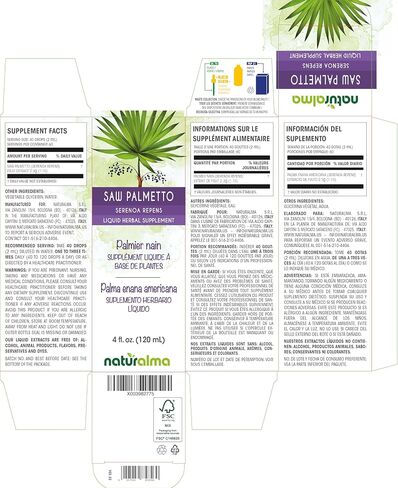 Naturalma Saw Palmetto (Serenoa repens or Sabal serrulata) Fruit Alcohol-Free Tincture 4 fl oz Liquid Extract in Drops | Herbal Supplement | Vegan | Product of Italy in Saudi Arabia