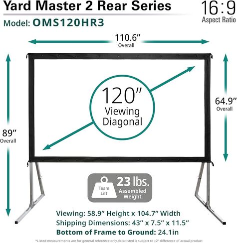Elite Screens Yard Master 2, 120-inch Outdoor Portable Fast Folding Projector Screen w/ Stand 16:9, 8K 4K Ultra HD 3D Movie Theater Cinema REAR Projection, OMS120HR3, US Based Company 2-YEAR WARRANTY in Kuwait